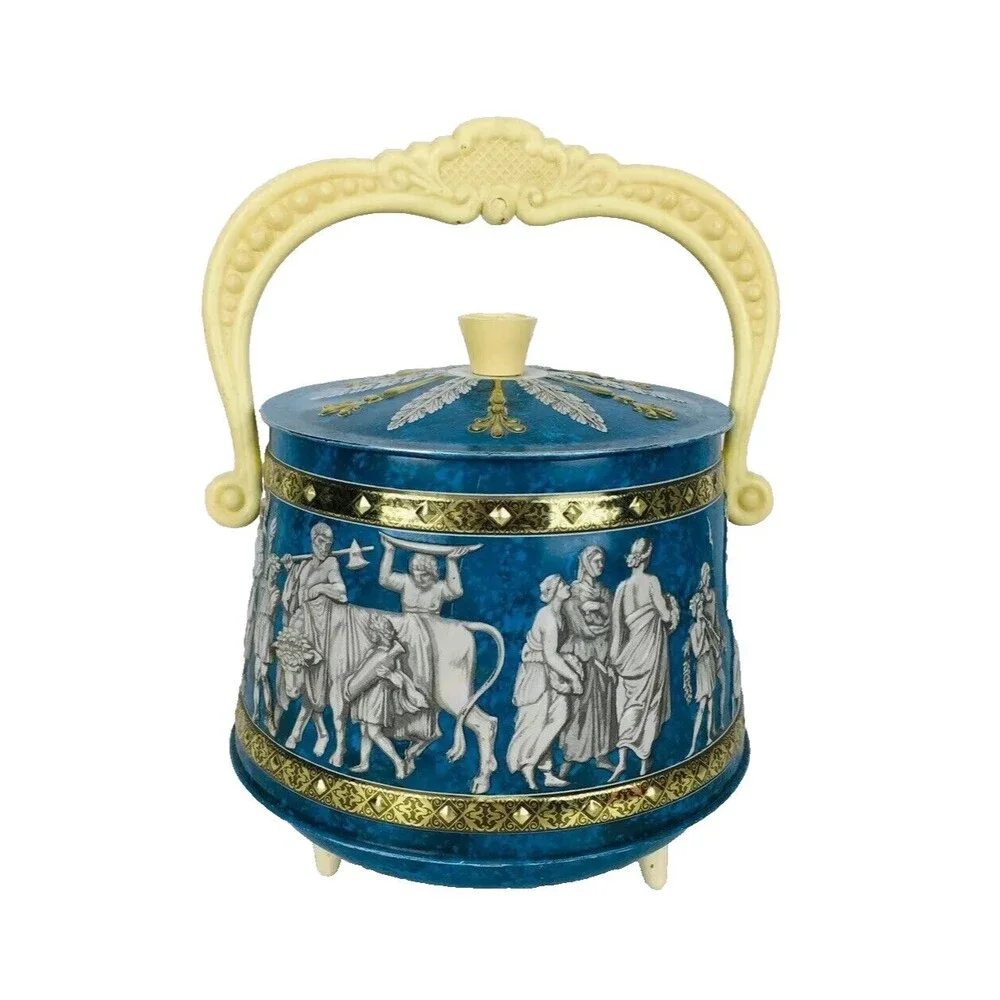 Vintage Greek Embossed Wedding Scene Footed Round Tin Sewing Trinket Box